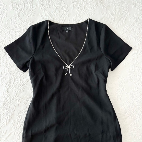 NWOT Lulus Charming Sparkle Black Rhinestone Bow Short Sleeve Mini Dress Small - Picture 3 of 8